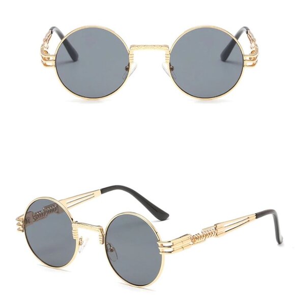 Round Black Lens Men Sunglasses Gold Frame Hip Hop Style Fashion Designer Lentes - Picture 3 of 6